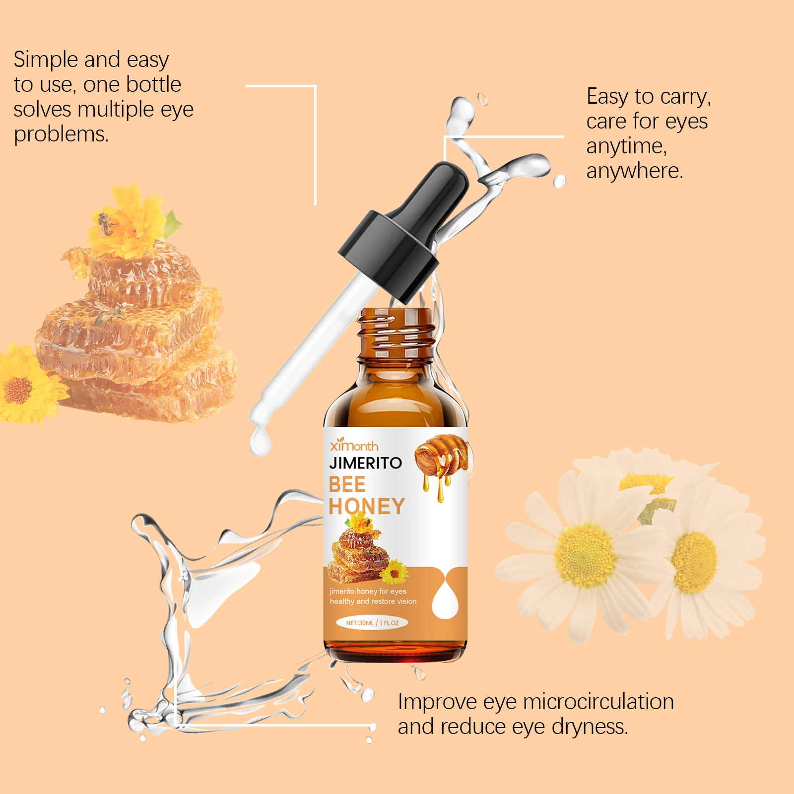 30ml Bee Honey Eye Drops Refreshing Moisturizing Fatigue Dry Eyes Astigmatism Blurred Vision Reliever Comfortable Care Eye Drops