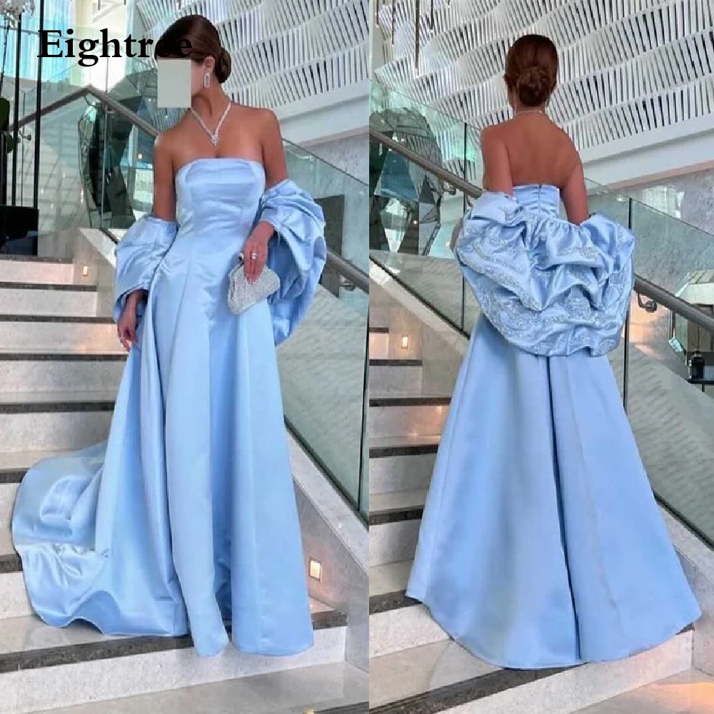 Robe de soirée longue bleu ciel, sans bretelles, style saoudien, avec châle brillant, tenue de bal, dubaï