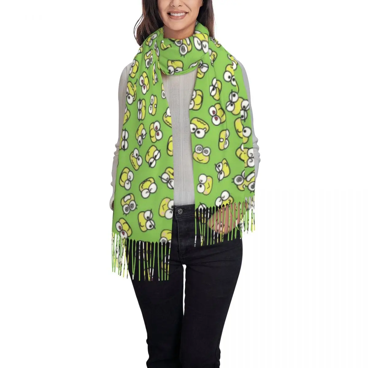 Sciarpa personalizzata con nappa Keroppi Donna Inverno Autunno Scialli caldi Avvolge Sciarpe anime femminili