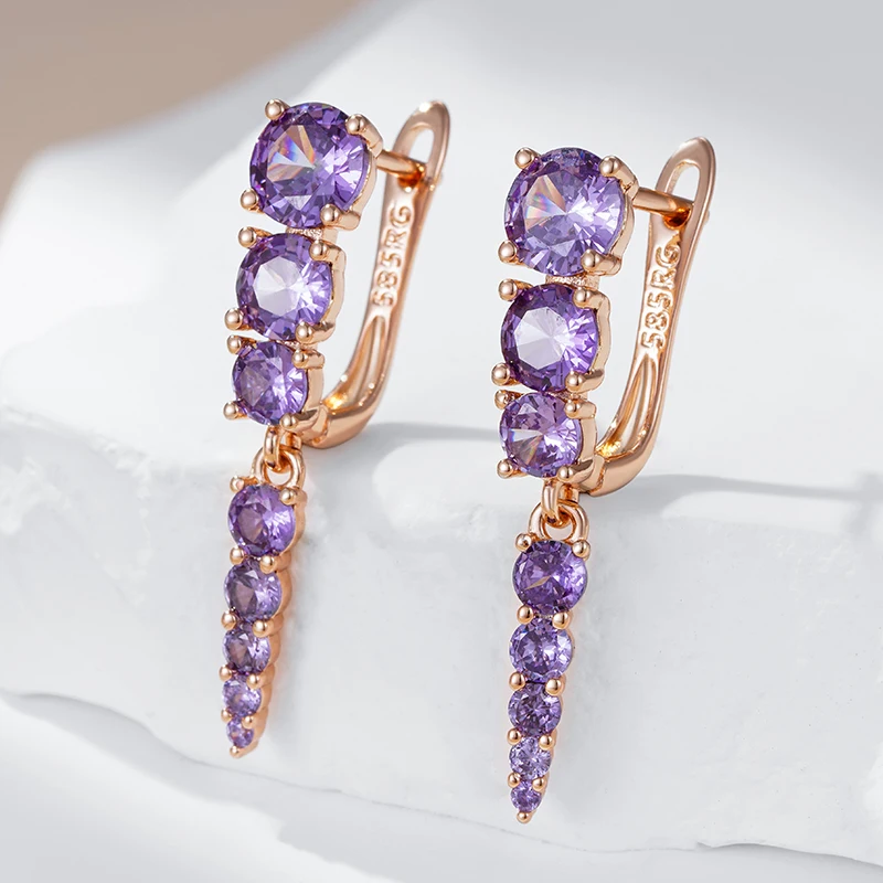 Kinel Hot Shiny Purple Natural Zircon Drop Earrings For Women Trend 585 Rose Gold Color Bride Wedding Fine Jewelry Crystal Gift