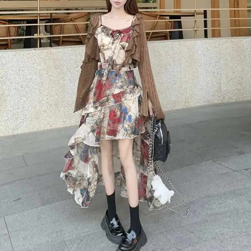 

Винтажное контрастное цветное платье с рюшами и 3D-цветочным принтом, нерегулярные платья на бретельках, уличное летнее платье-бретелька