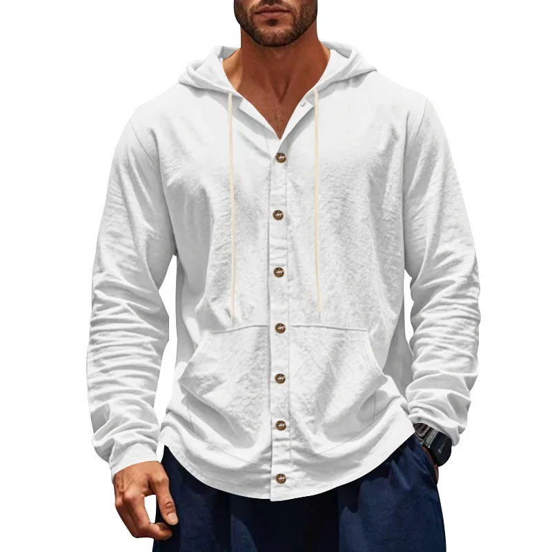 2025 New Fashion Americans Style Men's Loose Linen Hooded Single-breasted Long Sleeve Shirts Casual Trendy Shirts Male Clothes