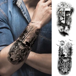 1pc Waterproof Temporary Tattoo Sticker Lion Wolf Bear Cross Forest Moon Body Art Arm Fake Tattoos Sleeve For Women Men Leg