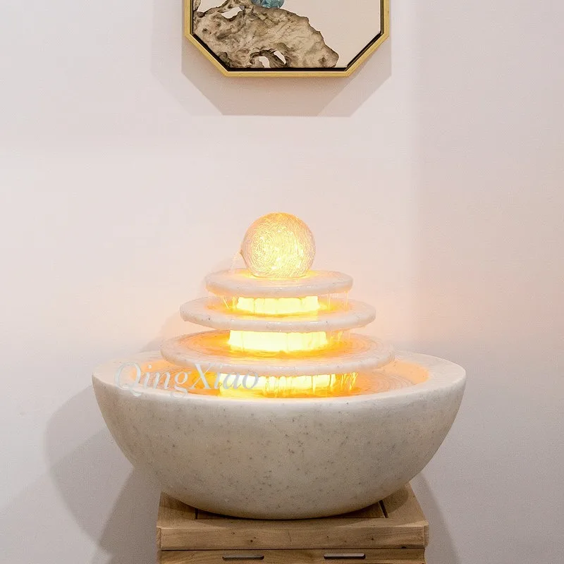 Tabletop Circular Water Fountain Ornament, Tiered Cascading Water Feature, Spinning Globe Decor for Indoor Living Room Tea Space