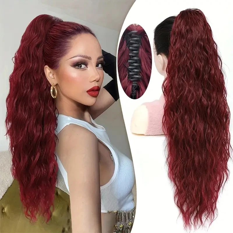 Long Curly Wave Claw Clip On Ponytail Hair Extensions 26 Inch Burgundy Synthetic Fake Pony Tail Hair Piece For Women Daily Party