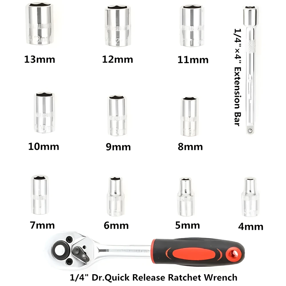 Multi-Function Ratchet Spanner Set para reparo de carro e motocicleta, chave soquete, conjunto de ferramentas manuais, haste de extensão, 12pcs