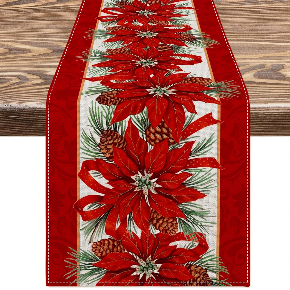 Christmas Table Runner Red White Poinsettia Flower Pine Needle Baubles Garland Holiday Dining Winter Home Party Table Decor