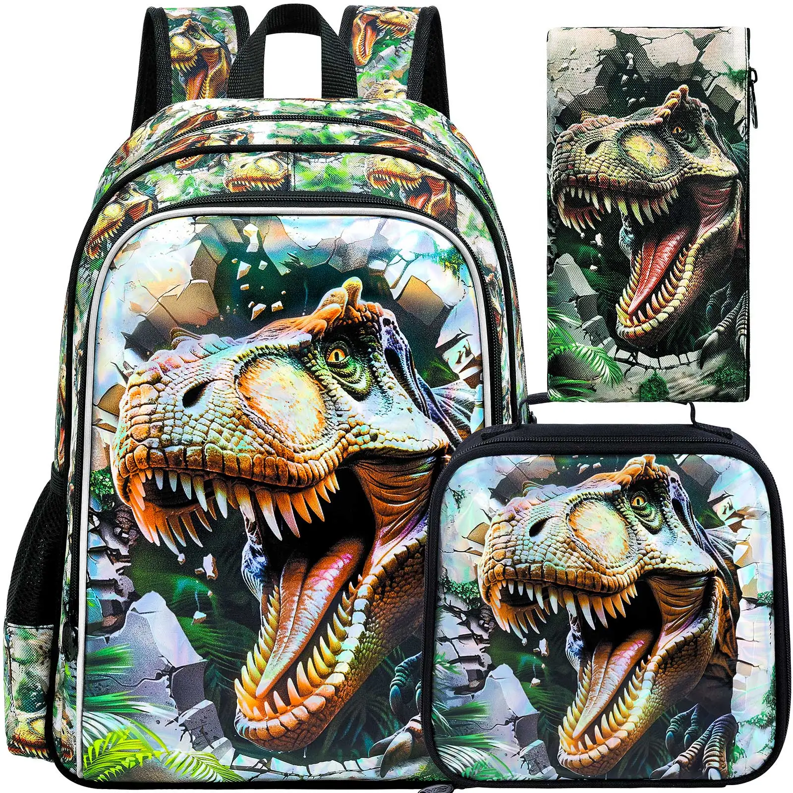 

3PCS Boys Backpack,16”Kids Dinosaur Bookbag with Lunch Box, School Bag for Elementary Toddler