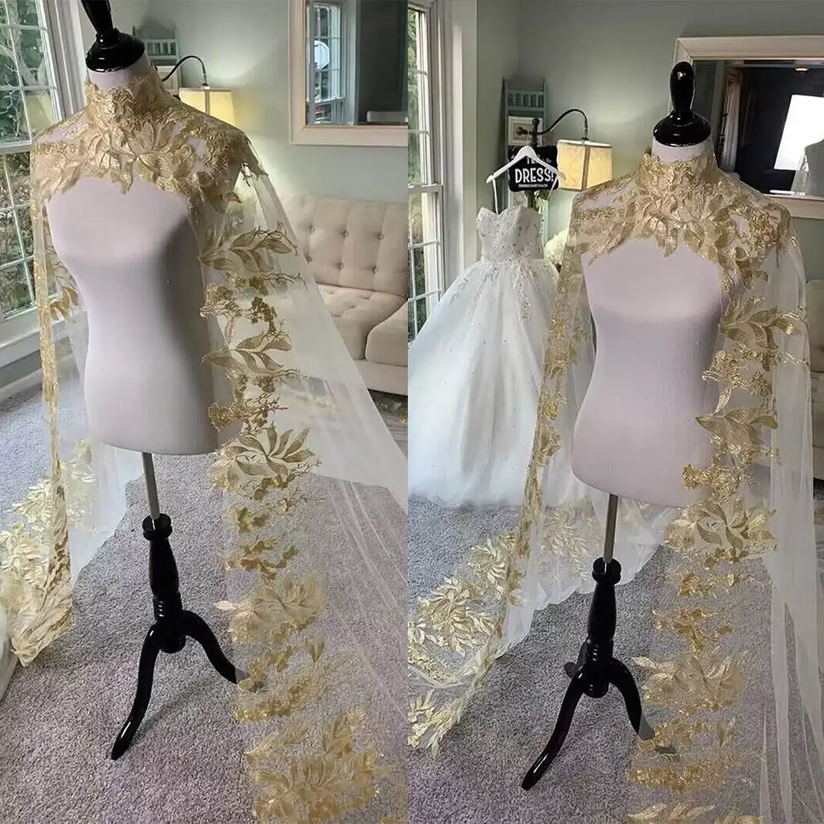 

Gorgeous Long Wedding Wrap Appliques Sleeveless High Neck Bride Shawl For Strapless Bridal Dress High Quality Custom Made