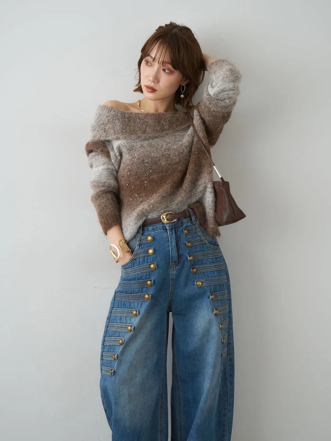 Shiny Sequin Shoulder Bared Knitwear Women's Autumn Winter New Style Atmosphere Feeling Gradient Color Sweater Casual Streetwear