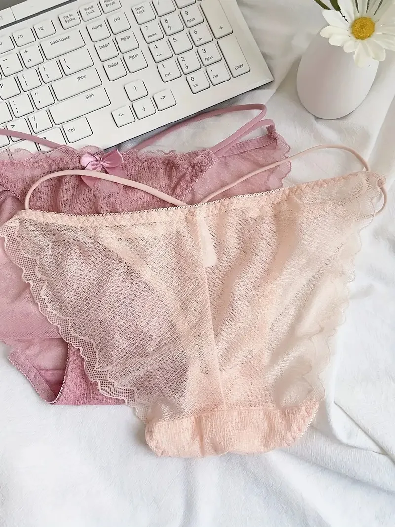 3 Articles Solid Cute Lace Bow Knot Semi Sheer Briefs Comfy Breathable Stretchy Intimates Panties Women\'s Lingerie Underwear