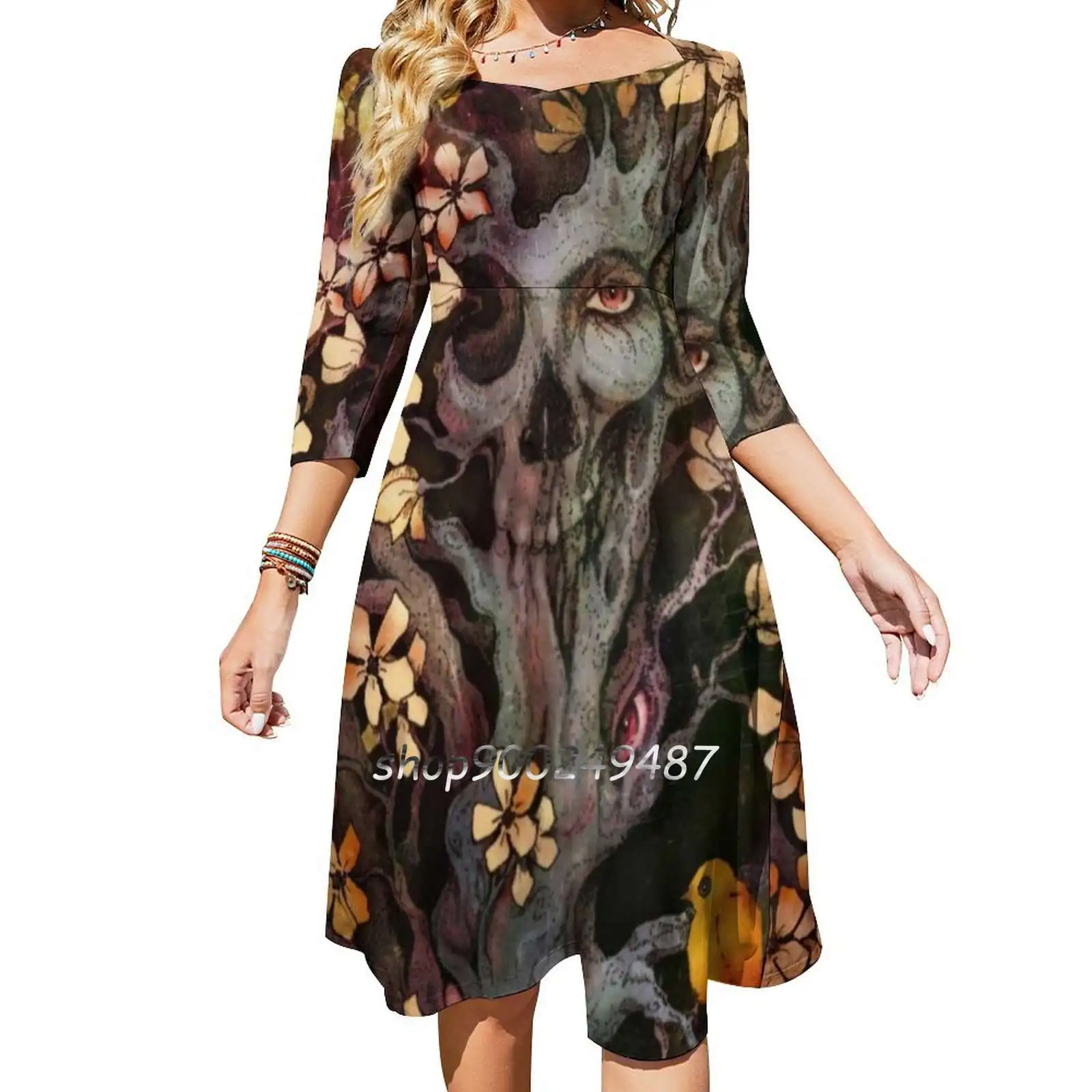 Orange Bird Dresses For Women A-Line Korea Style Slim Long Sleeve Dress Dryad Nature Bird Spirit Nymph Blossoms Skull Emerging