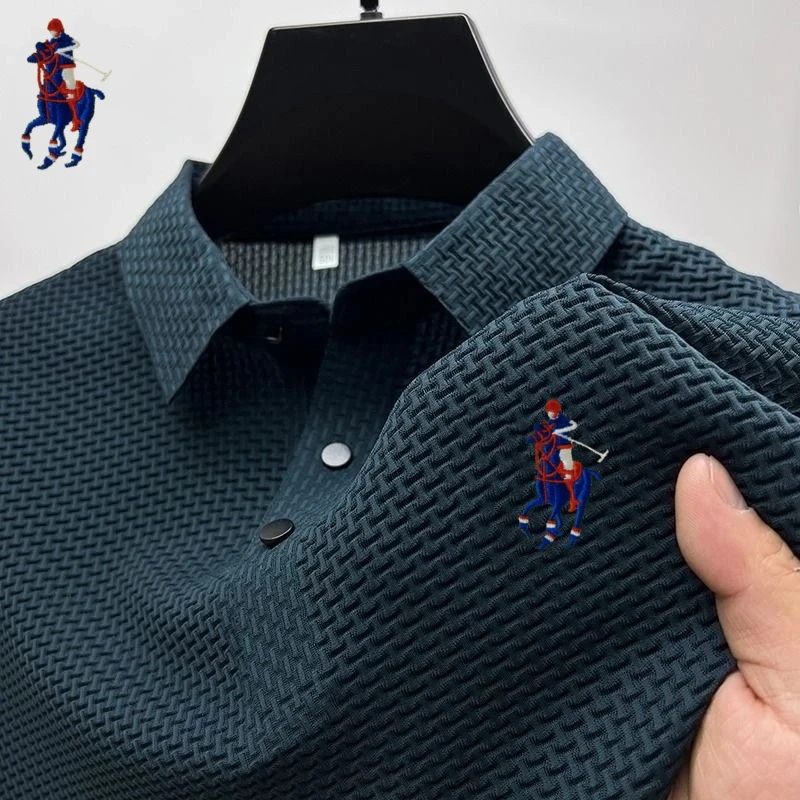 Camisa polo elástica de seda bordada masculina, camiseta manga curta, top respirável, lazer legal, tendência luxuosa, moda, verão, nova