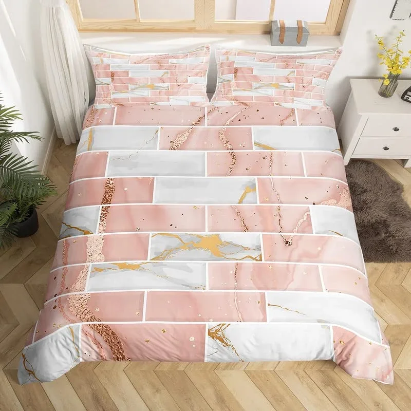 Marble Duvet Cover Marble Brick Wall Style King Queen Bedding Set Polyester Gold Bronzing Sequins Abstract Fluid Comforter Cover