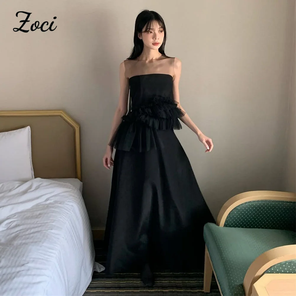 

Zoci Black Satin Tulle Customized Korea Wedding Dresses Illusion O Neck Prom Dresses Long Korea Bride Wedding Photos Shoot Dress