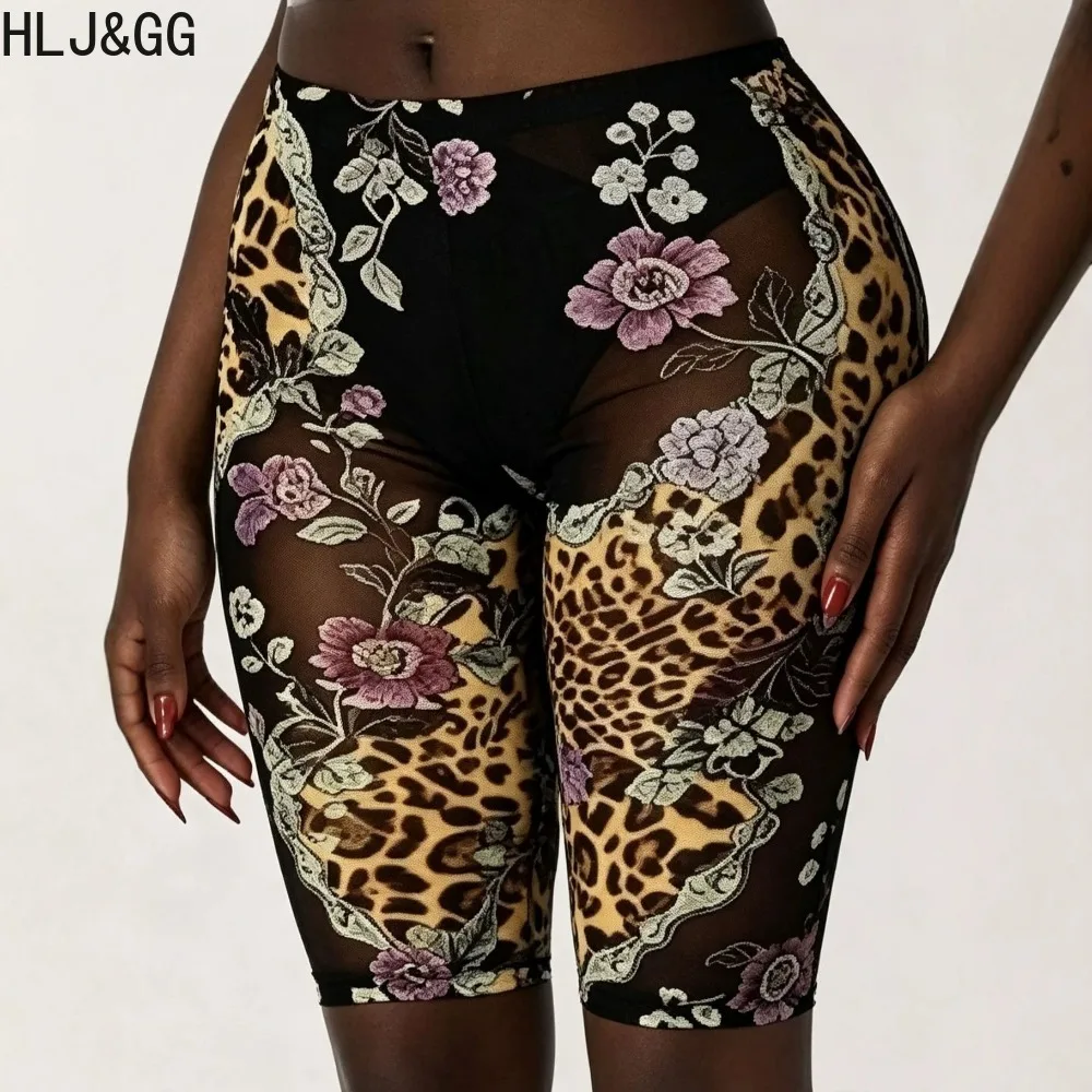 HLJ&GG Women Floral Leopard Print Mesh Shorts High Waist Stretchy Bodycon Knee Length Biker Shorts Sexy Y2K Streetwear Clubwear