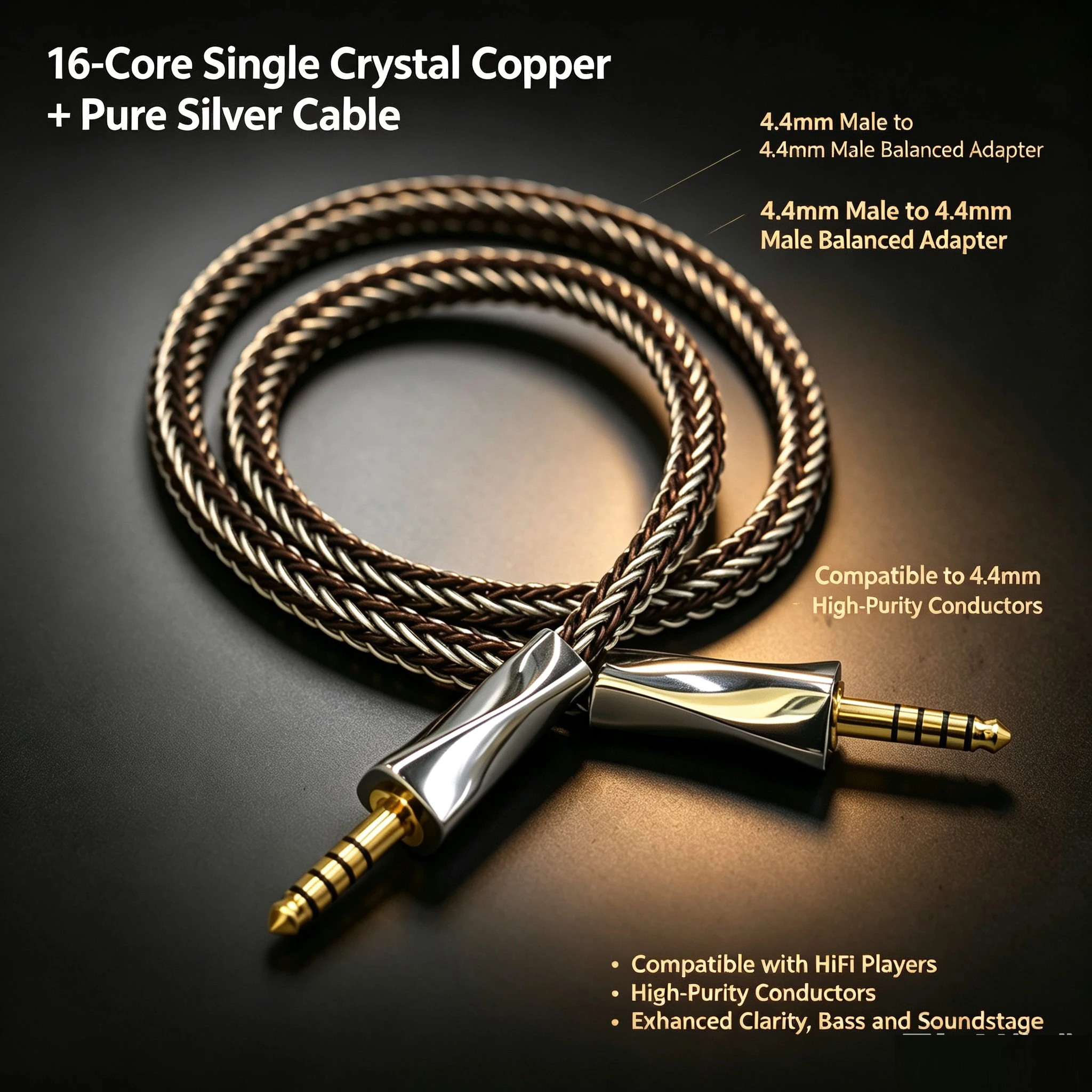 16 Core Single Crystal Copper + Pure Silver 4.4mm to 4.4mm Balanced Interconnector HiFi Audio Wire for Player DAP Amplifier AMP
