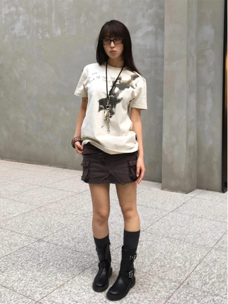 2024 Summer Harajuku Vintage Letter Print T-shirts Streetwear White Y2k Aesthetic Slim Tshirts Women Grunge Bottoming Simple Top