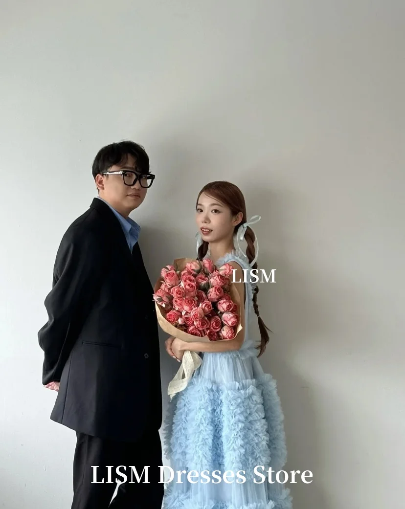 LISM azul A-Line vestidos de noche simples escalonados tul suave dulce vestidos largos de fiesta corsés personalizados espalda nneinize