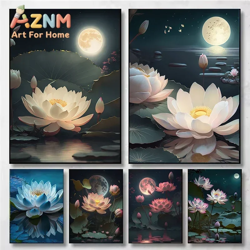 AZNM Moon Lotus Flower Canvas Painting Frameless Wall Art Night Water Lily Scenery Print Zen Style Bedroom Living Room Decor Pos