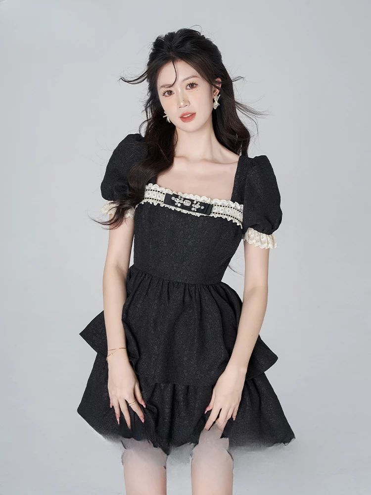 Dress Black Retro Jacquard French Style Women's Stitching Square Collar Lace Spring Summer Short Sleeve Slimming A- line Skirt