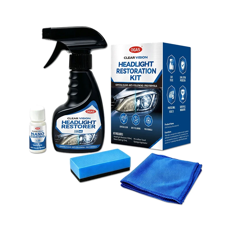 OGAS koplamprestauratieset 120ml+10ml nanocoating anti-geel, verwijdert oxidatie, wazige, mistige koplampen, lens herstellen