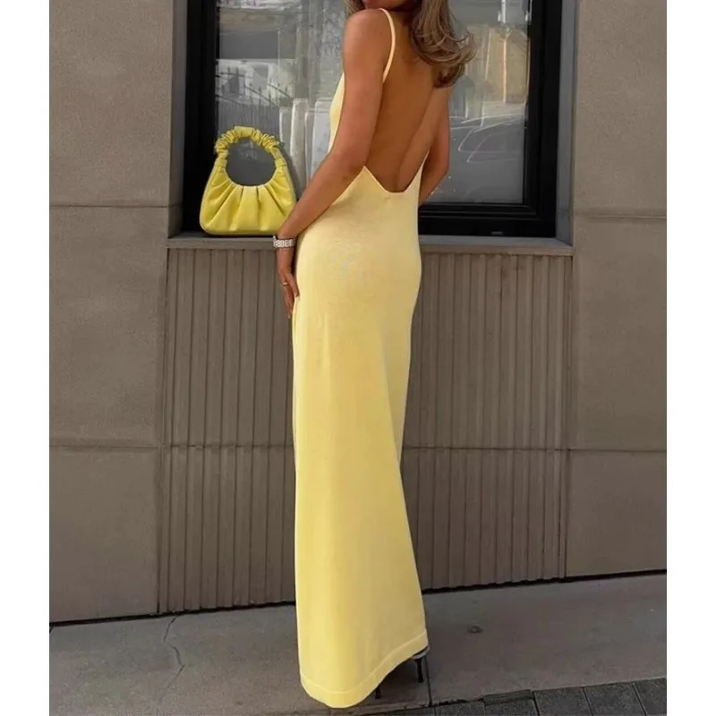 Women Knit Deep V Neck Solid Slim Fit Suspender Vacation Party Backless Beach Maxi Dress