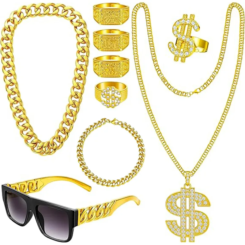 Hip hop pompous future punk sunglasses big gold chain gold plated twist legs sunglasses dollar necklace jewelry