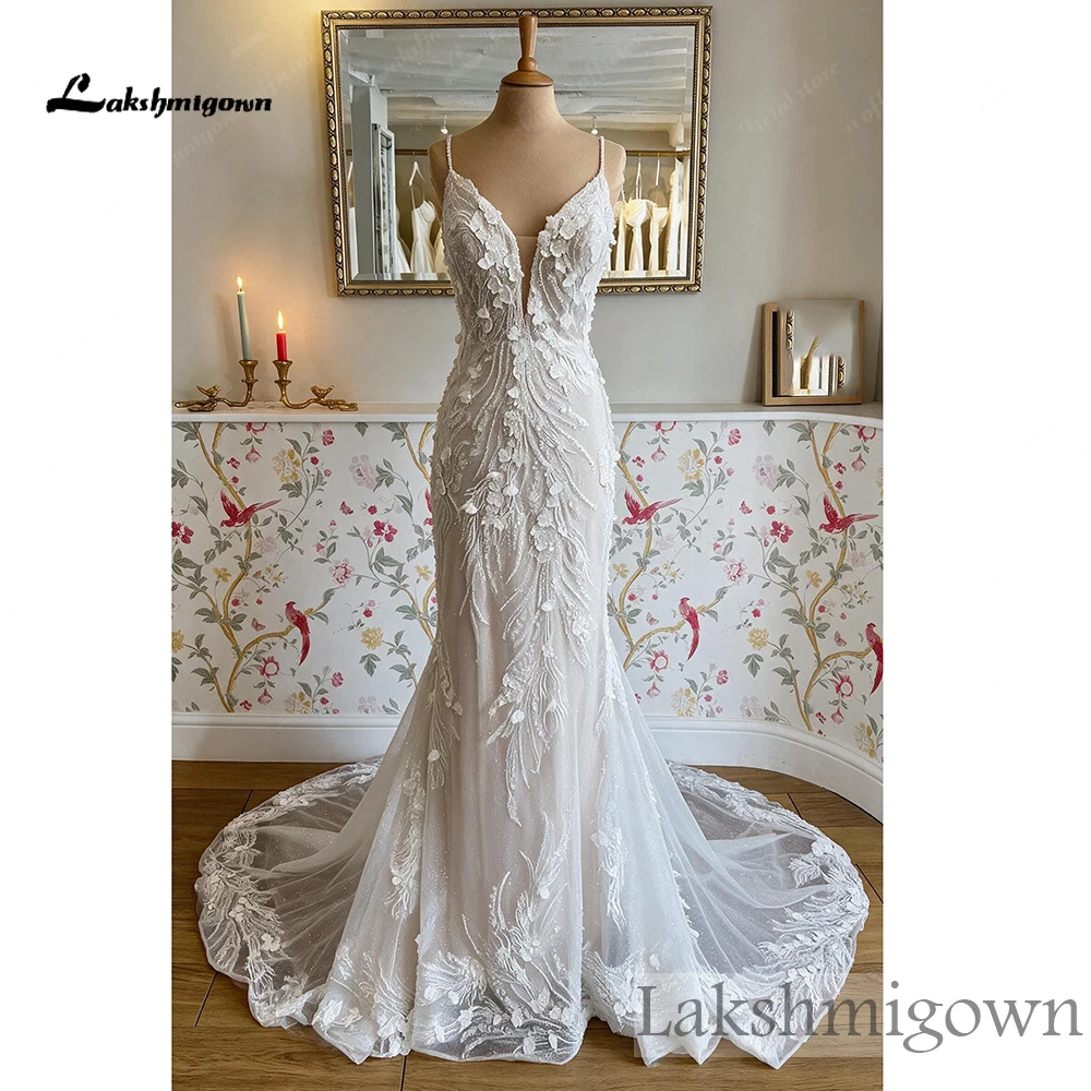 Lakshmigown Meerjungfrauen-Brautkleid mit Spaghettiträgern, tiefem V-Ausschnitt, 3D-Blumenspitze, Perlen und Glitzer-Tüll, individuell anpassbar – Detail 6