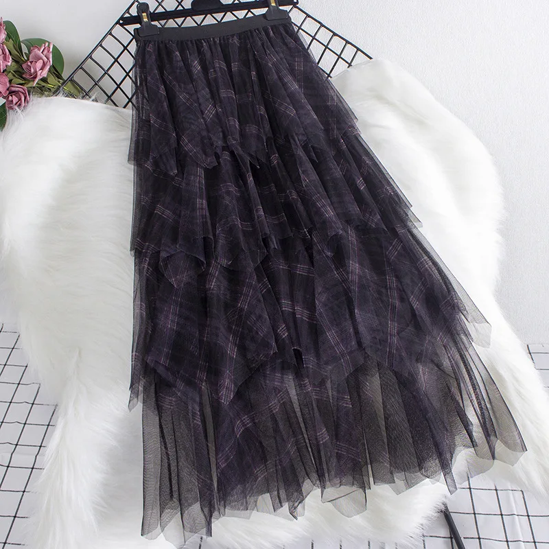 Checkered mesh skirt 2024 autumn and winter irregular layered cake skirt high waist slimming mid length skirt for women new