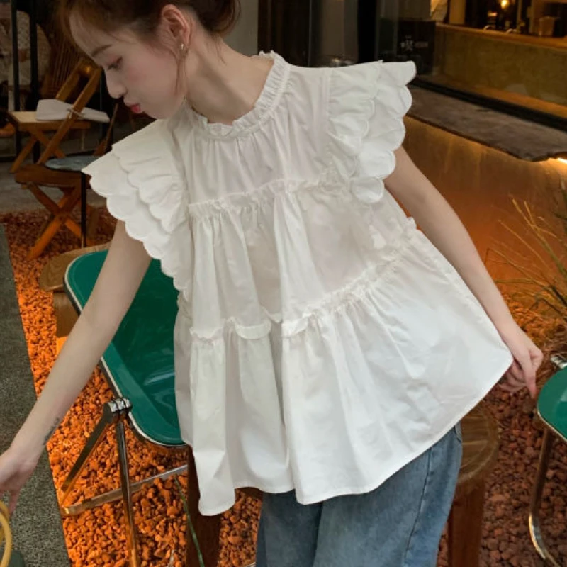 Flying Sleeve Blouses Women Ruffles Aesthetic Summer Simple Kawaii Temper Girl Streetwear Clothing Tender Casual Daily Basics