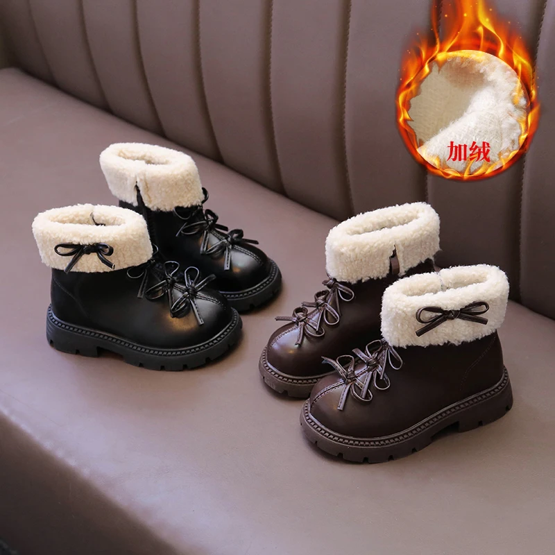 

2025 Winter Thick Bottom Girls Ankle Boots with Bow-knot Sweet Kids Fashion Warm Children Warm and comfortable Leather Boots