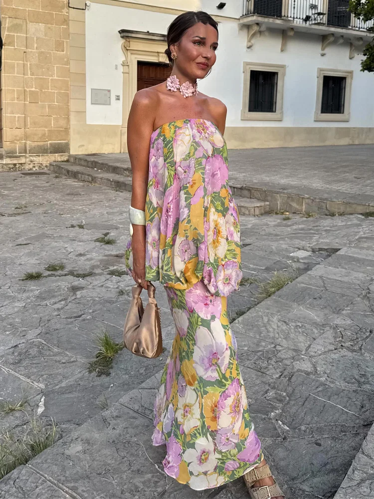 HH Women Fashion Irregular Flower Print Pleated Decoration Long Dress Female Summer Elegant Sexy Single-Breasted Slim Dress