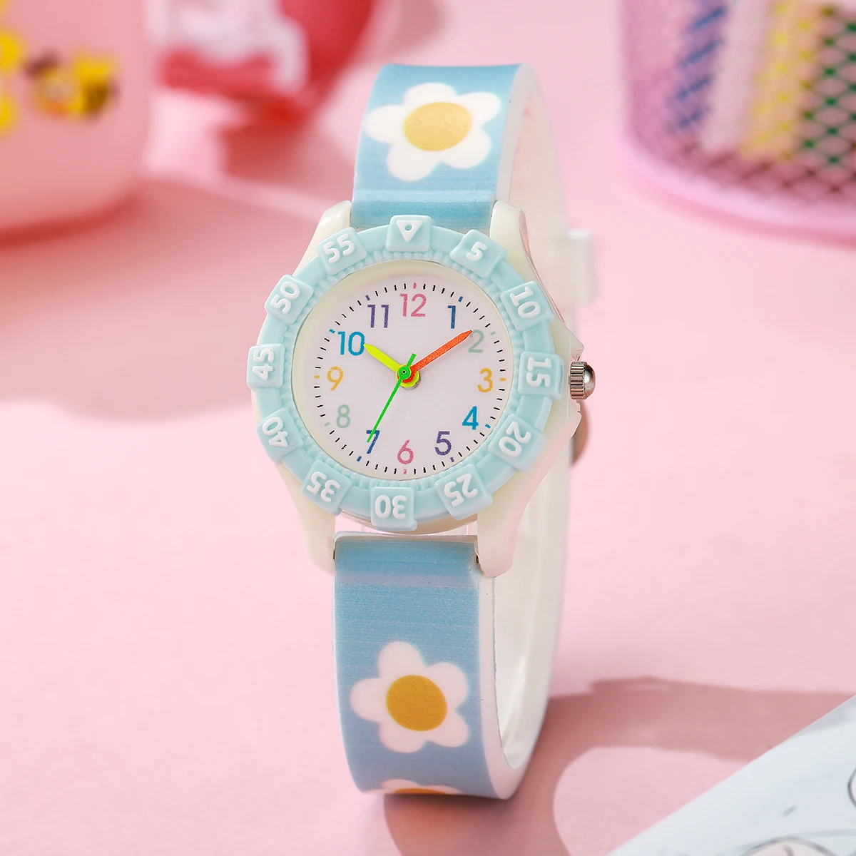

Модный, простой, милый силиконовый ремешок для часов с мультяшным цветком, цветной указателем и кварцевыми наручными часами со шкалой, подходит для Chri