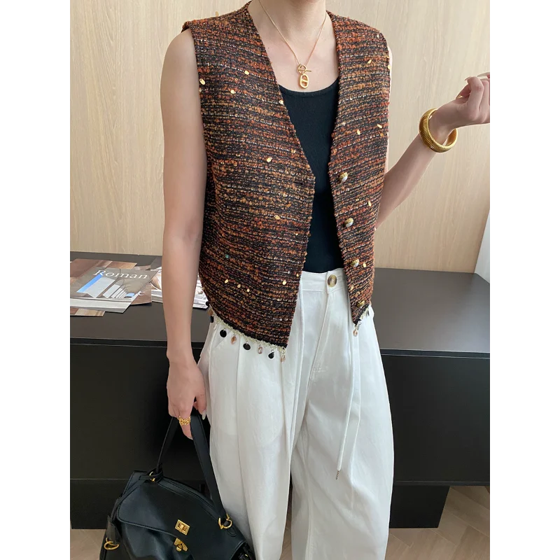 

Плетеный твидовый жилет без рукавов с v-образным вырезом и кисточками, женский модный простой французский винтажный винный маленький ароматный жилет, пальто