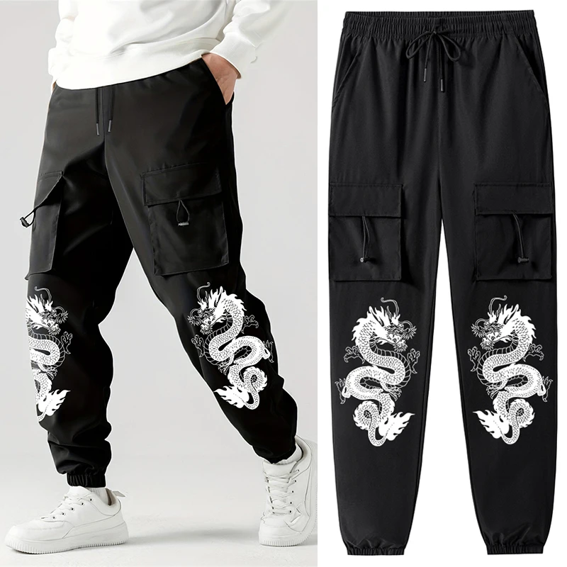 Dragon Print Cargo Pants for Men Outdoor Casual Hiking Joggers Drawstring Sweatpants Quick Dry Tactical Pants with Multi Pockets