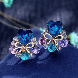 Grace Jun New Arrival Rhinestone Crytsal Heart Bowknot Clip on Earrings Without Piercing for Women Party Wedding Cute Ear Clip