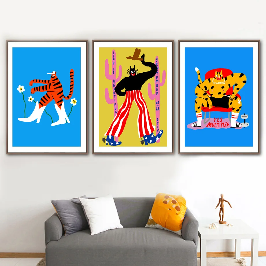 

Colorful Exaggerated Funny Tiger Girl Vintage Posters And Prints Wall Art Canvas Painting Wall Pictures For Living Room Decor