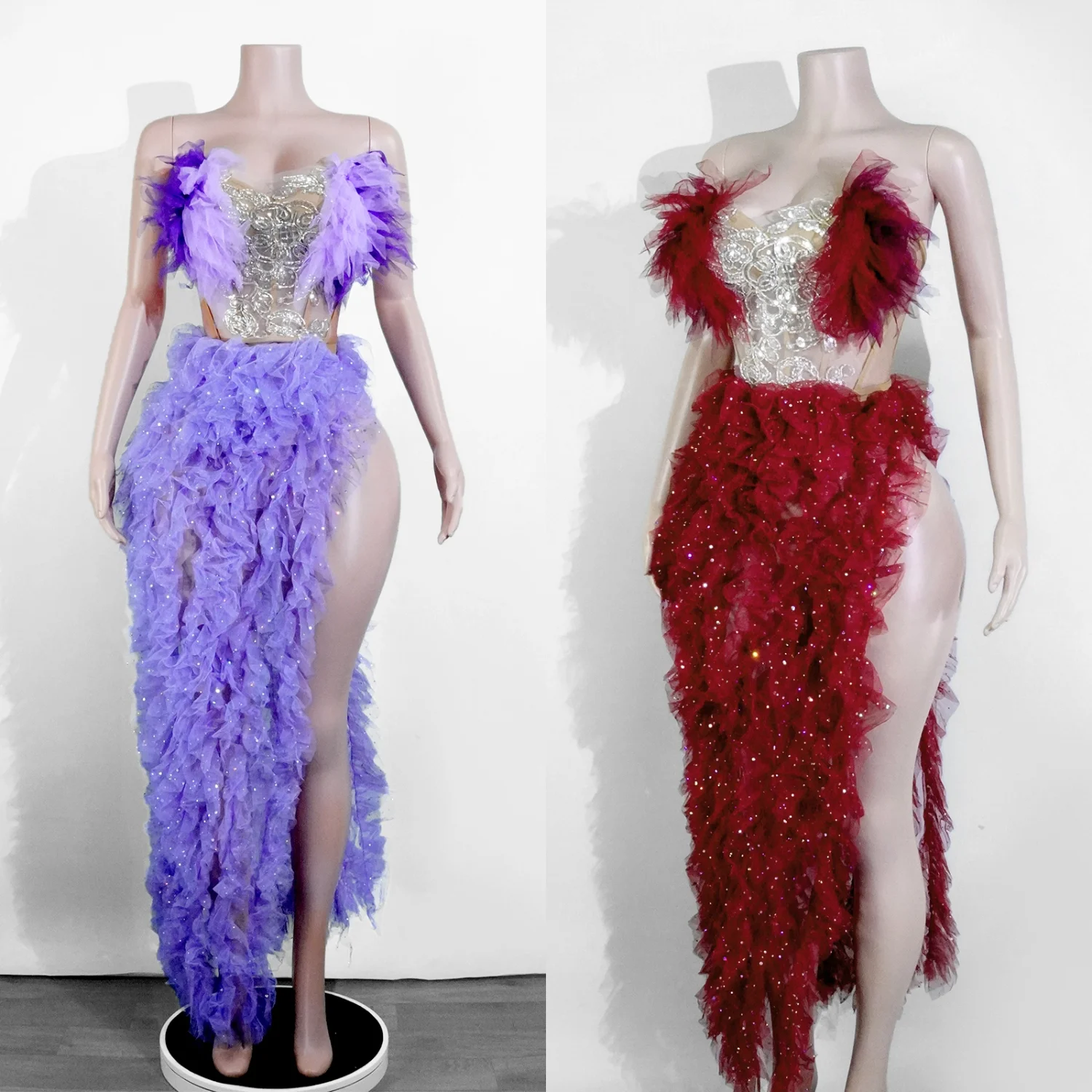 

Women Sexy Strapless Ruffles two Pieces Set Bodycon Long Dress High Split Fashion Nightclub Party Birthday Singer Stage Outfit