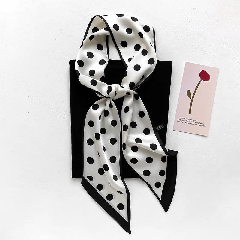 Scarf Beige Polka Dot Skinny Long Satin Versatile for Women Spring Fall Lightweight Soft Elegant High Quality