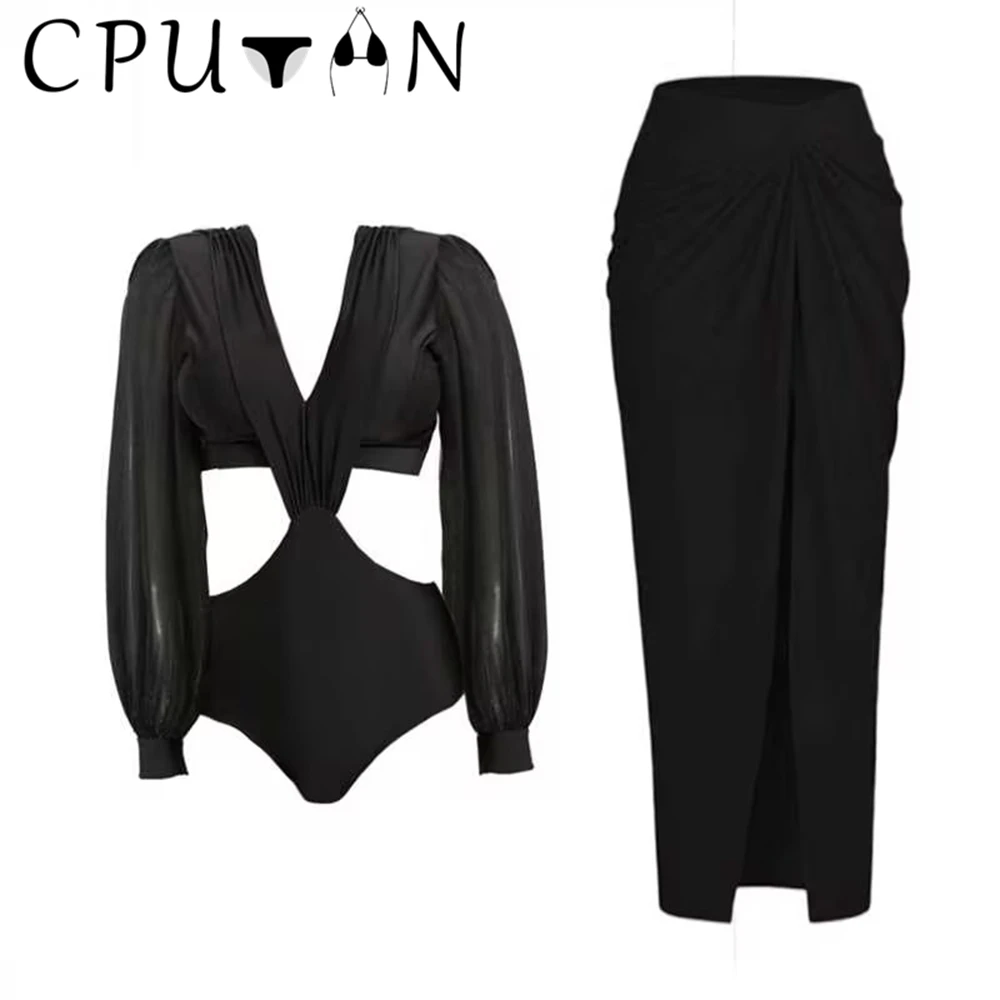 CPUTAN 2024 Sexy Long Sleeve Bikini Set High Waist Swimsuit Skirt Monokini Surfing Women Swimwear Beachwear Bathing Suit Dress