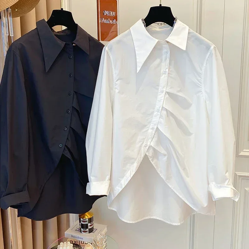 

Женская шикарная белая черная рубашка на пуговицах с асимметричными рюшами и острым воротником, повседневные уличные хлопковые блузки большого размера с длинными рукавами, топы