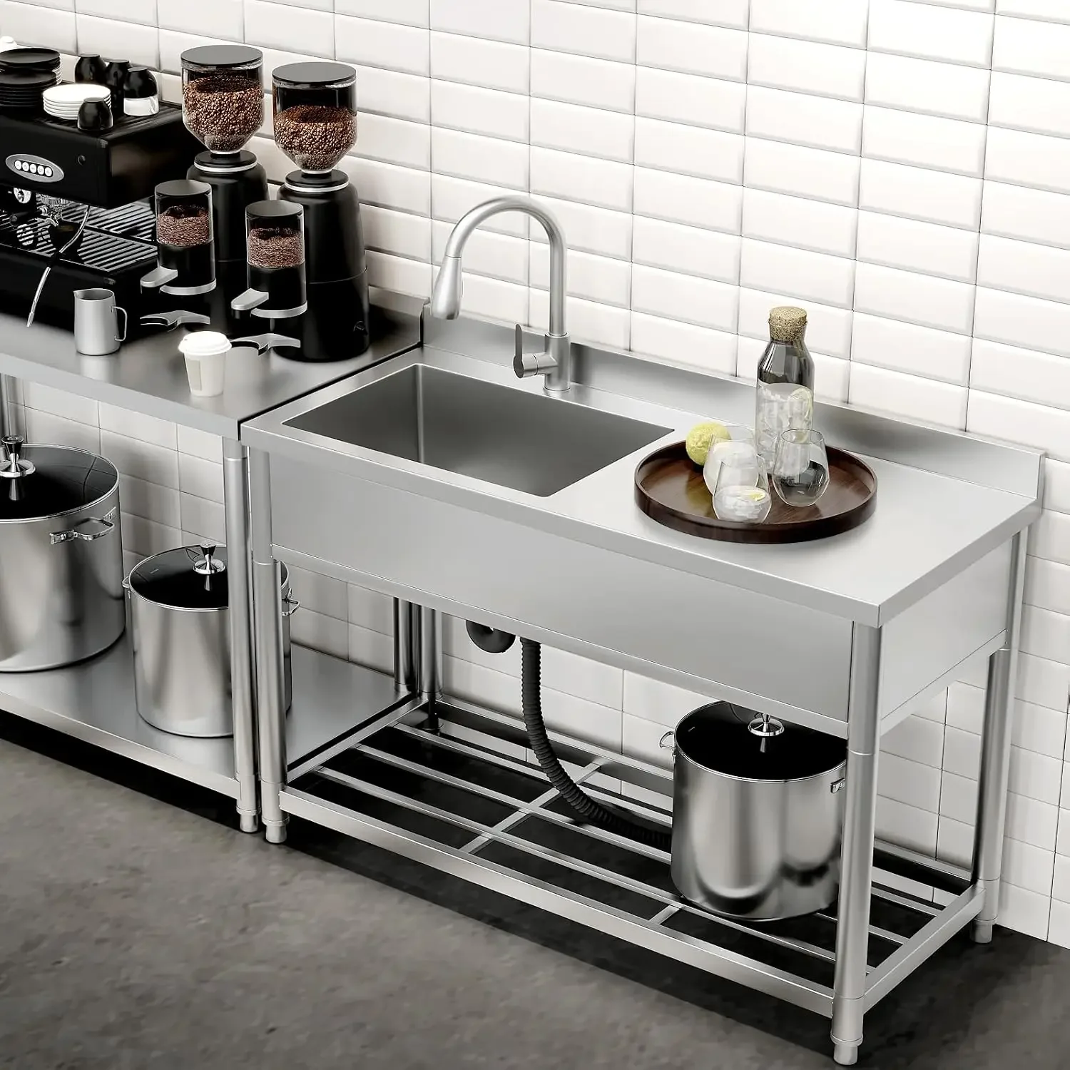 Commercial Sink with Drainboard, Stainless Steel Utility Sink with Pull-out Faucet, Free Standing Single Bowl Kitchen Sink