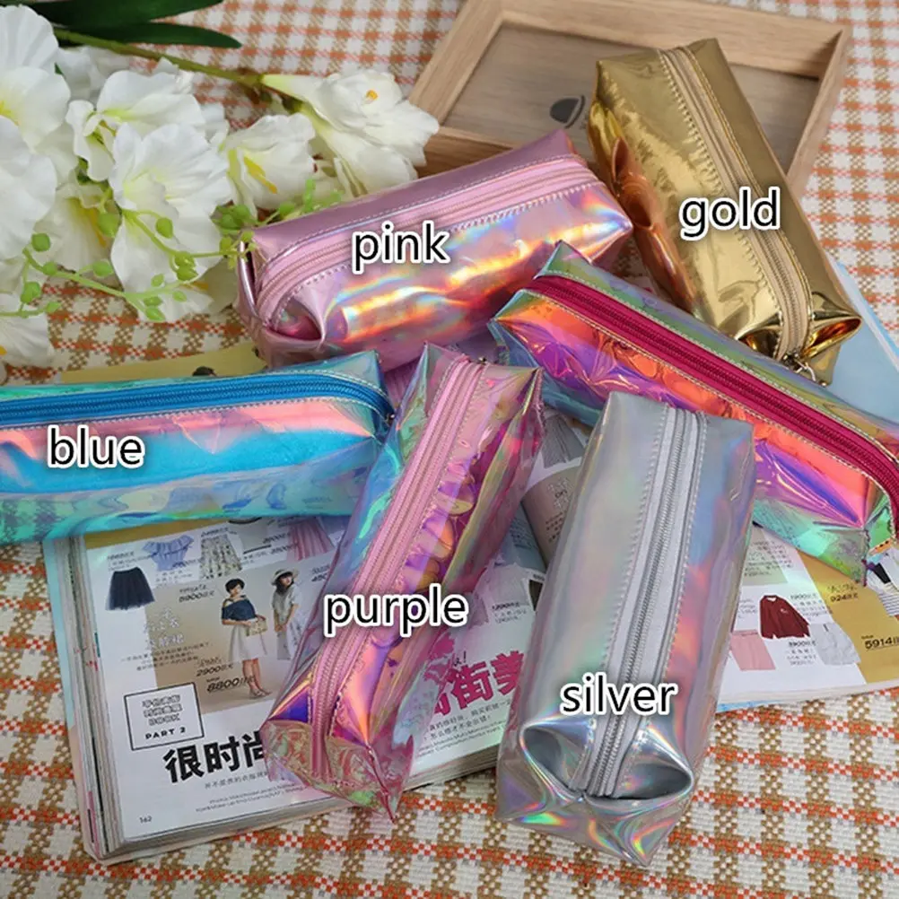 Laser Bag Gold Glitter Pencil Case Pen Bag Makeup Zipper Pouch Portable Lightweight Student Travel Storage