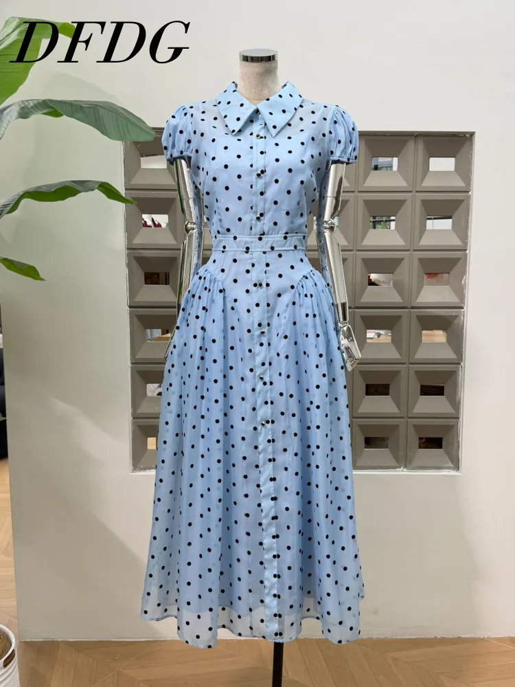 DFDG Women’s 2025 New Retro Polka Dot Sheer Dress Spring Summer Vintage Polo Collar Fashion Slender Long Elegant Design Dress