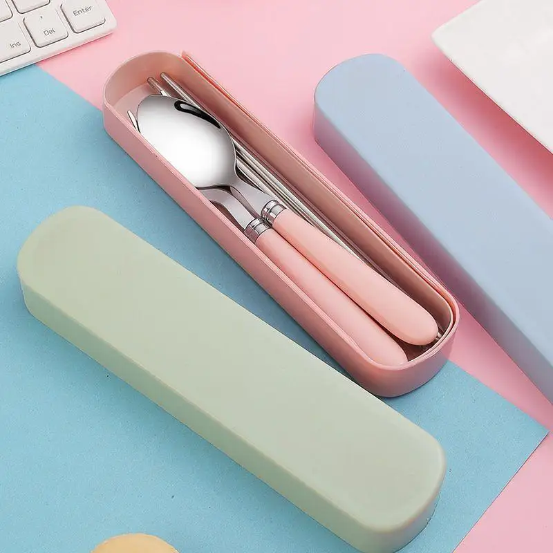 Stainless Steel Portable Student Tableware Outdoor Travel Lunch Box Spoon Fork Chopsticks Set With Storage Case Adult Gift