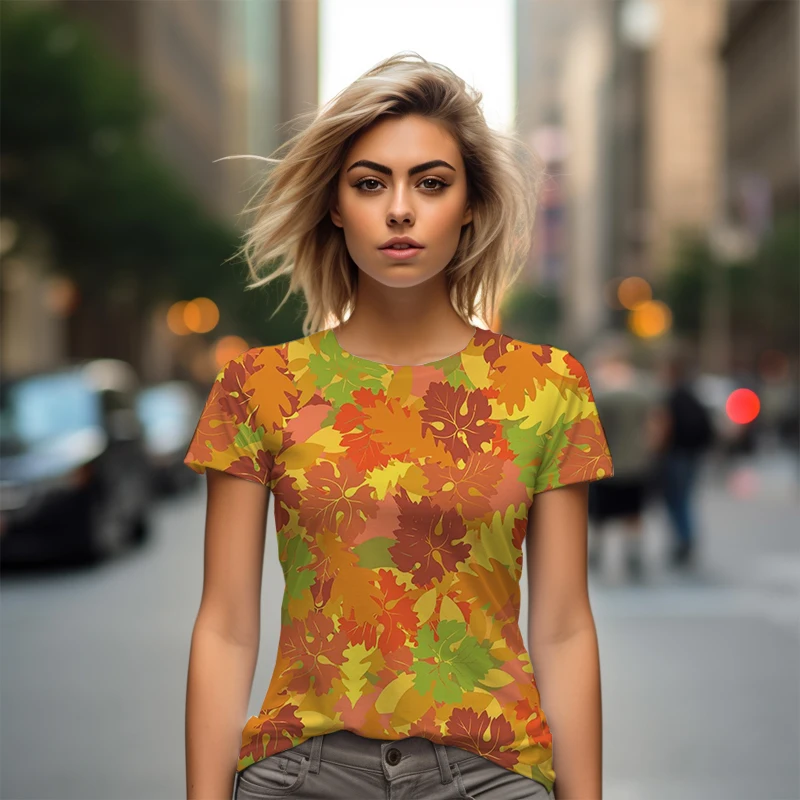 Yellow Leaf 3D Printed Women's T-shirt Casual Style Women's T-shirt Fashion Trend Women's T-shirt Summer New Women's T-shirt