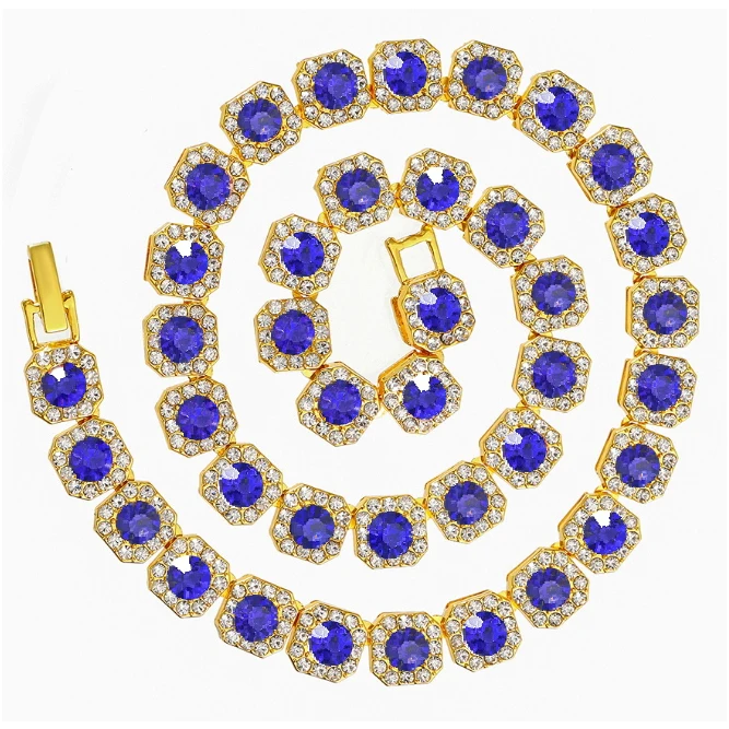 15mm alloy full-crystal rhombus Cuban chain, hip-hop men's double-row four-sided hip-hop necklace jewelry