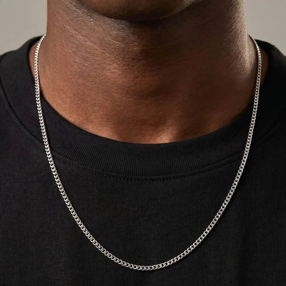 Image of 2mm Casual Edelstahl Kubanische Kette Halskette für Männer, Hip-Hop Punk Silberfarbene Metallkette Mehrlagige Gliederketten Schmuck