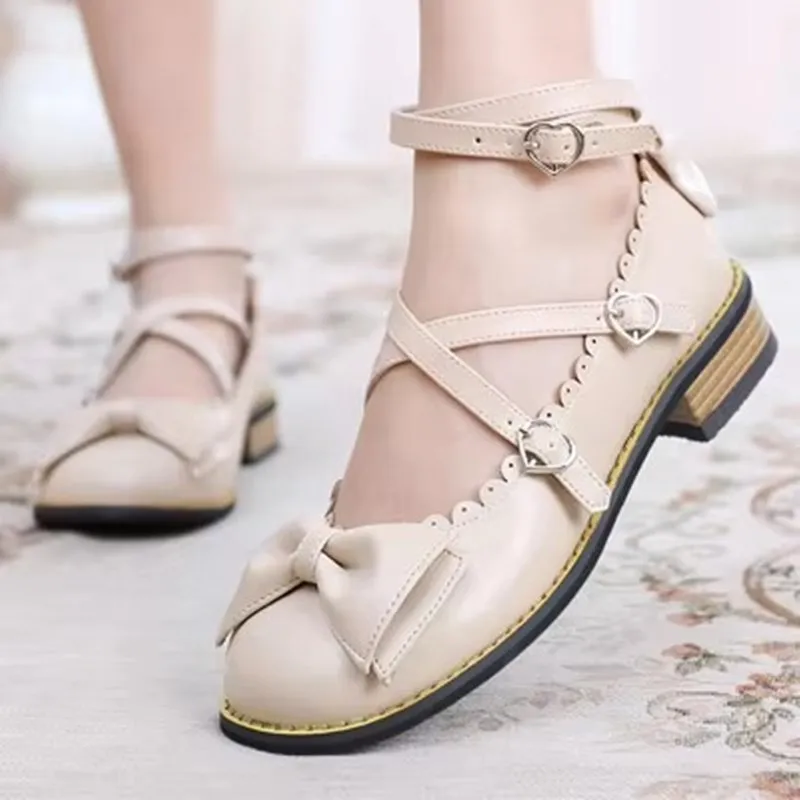 Japanese Sweet Lolita Princess Cosplay Costume Shoes Cute Bow Low Heel Round Head Black/Pink/White/Blue/Brown/Purple Flat Shoes
